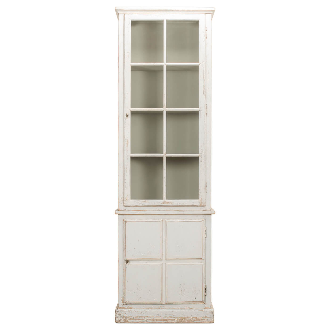 Front view of rustic white bookcase with closed doors.
