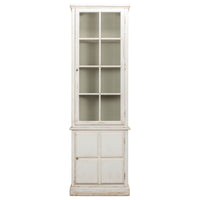 Front view of rustic white bookcase with closed doors.