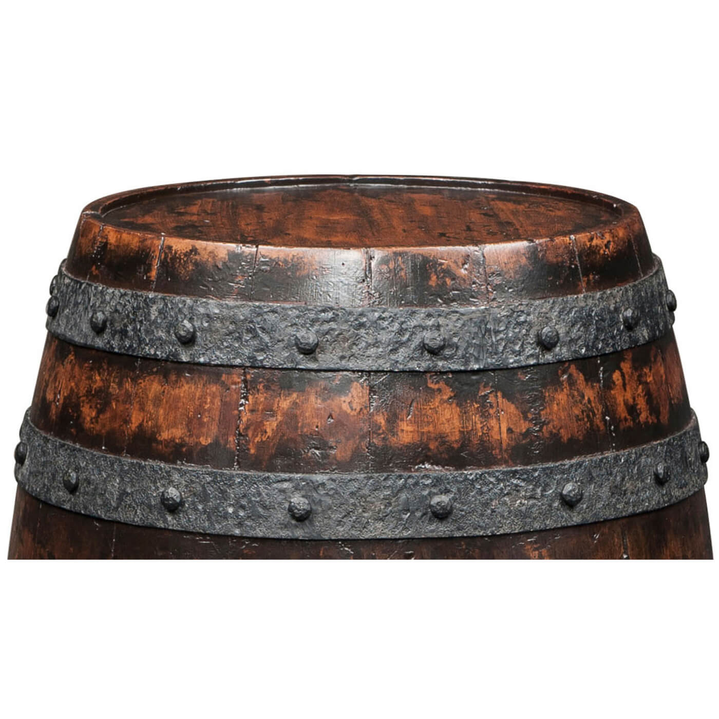 Top view of antique-style wooden barrel accent table.