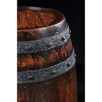 Close-up of wooden barrel accent table metal bands.