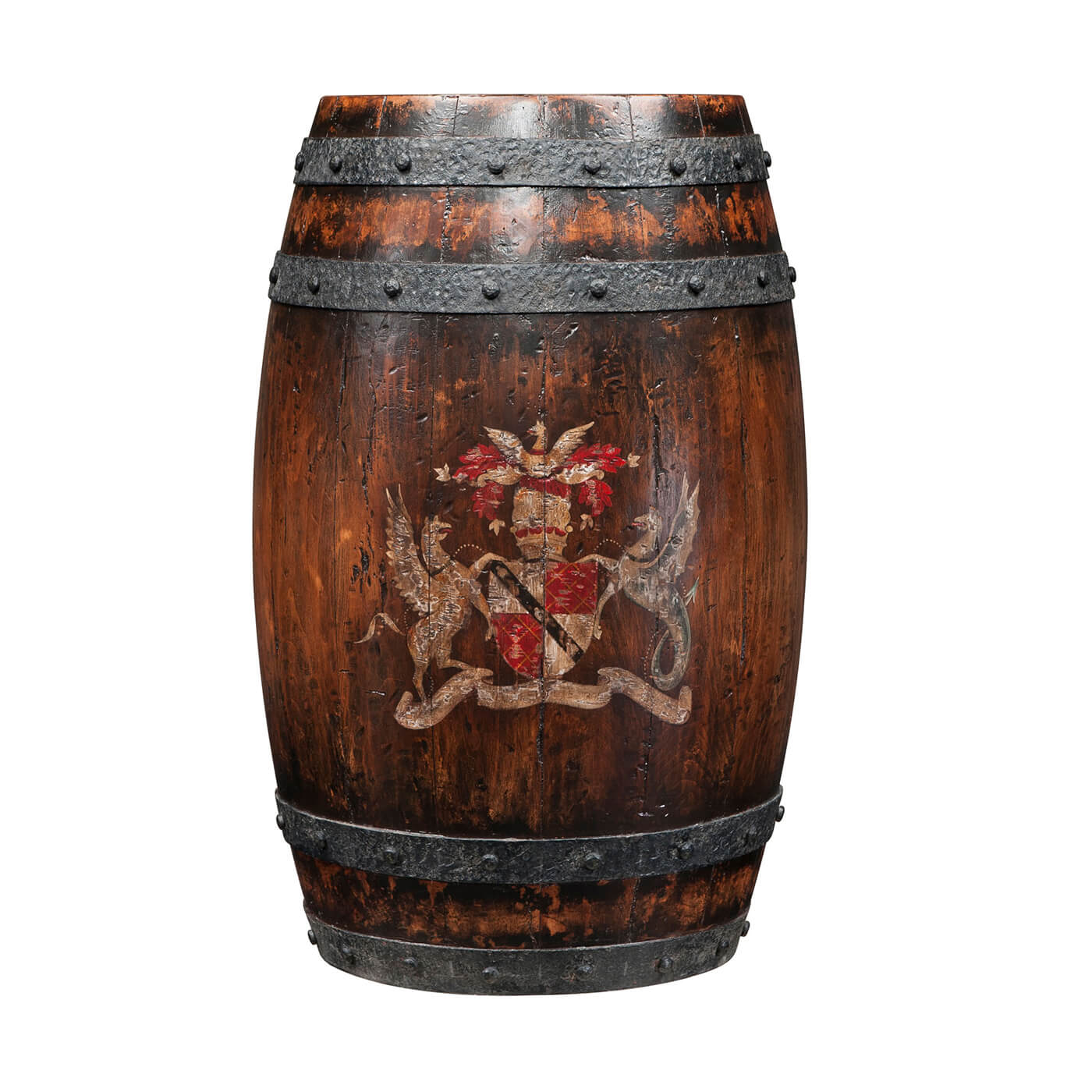 Rustic barrel accent table featuring intricate emblem design.