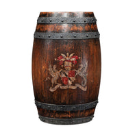 Rustic barrel accent table featuring intricate emblem design.