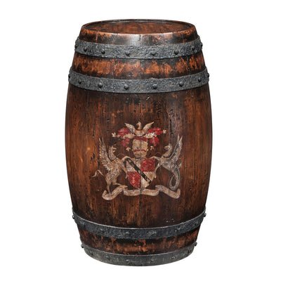 Wooden barrel accent table with red and black emblem.