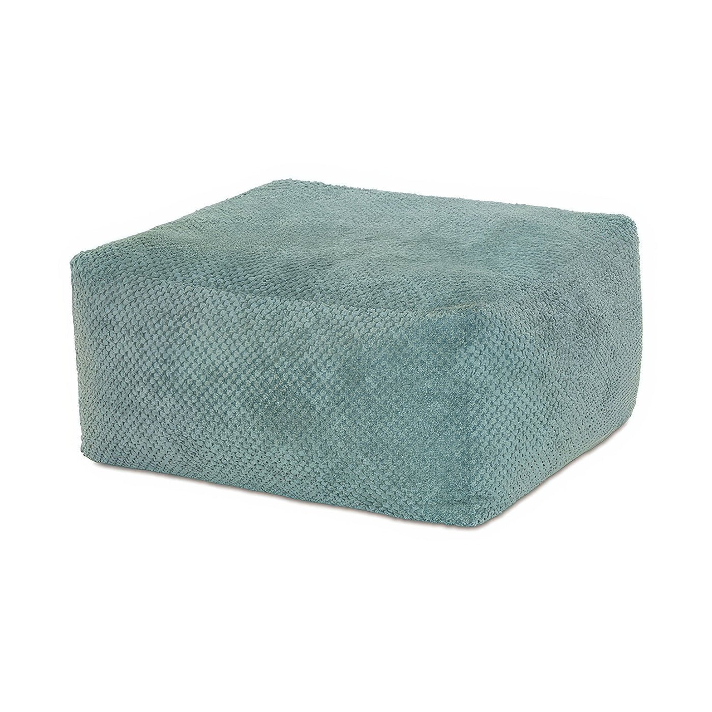 Aqua fabric square pouf, side angle view.