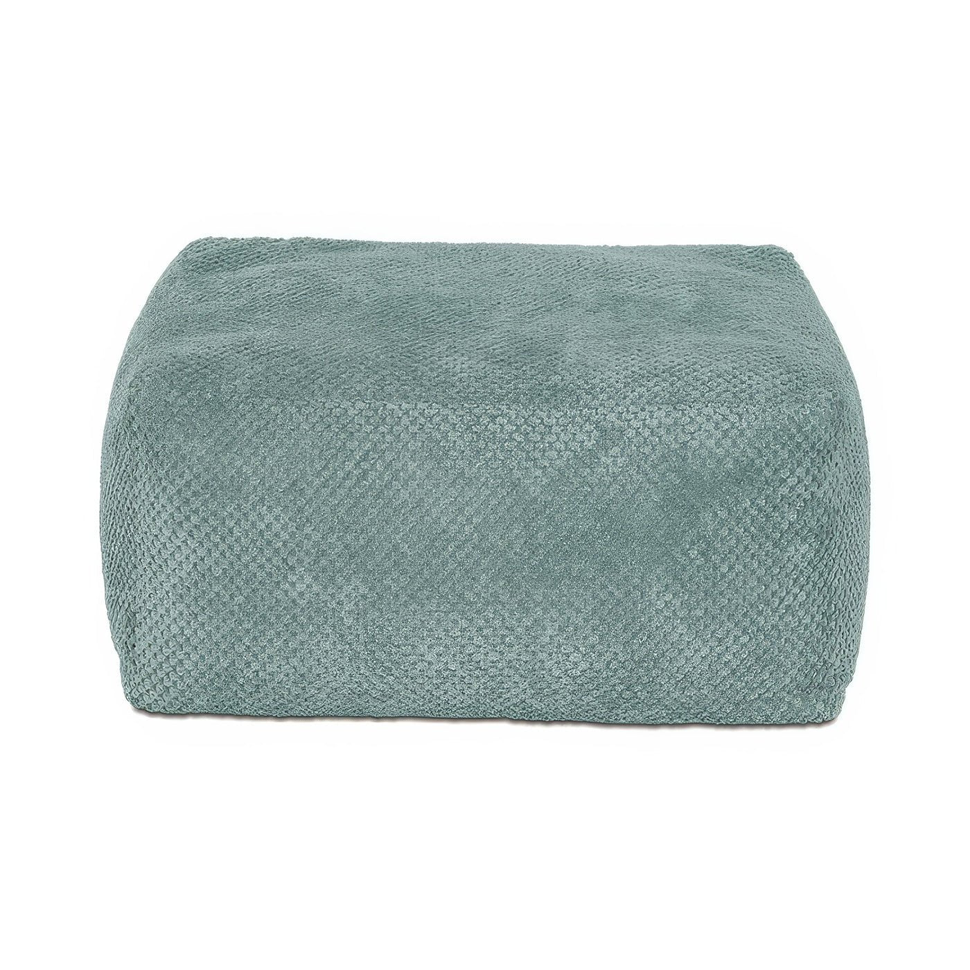 Front view of aqua fabric square pouf.
