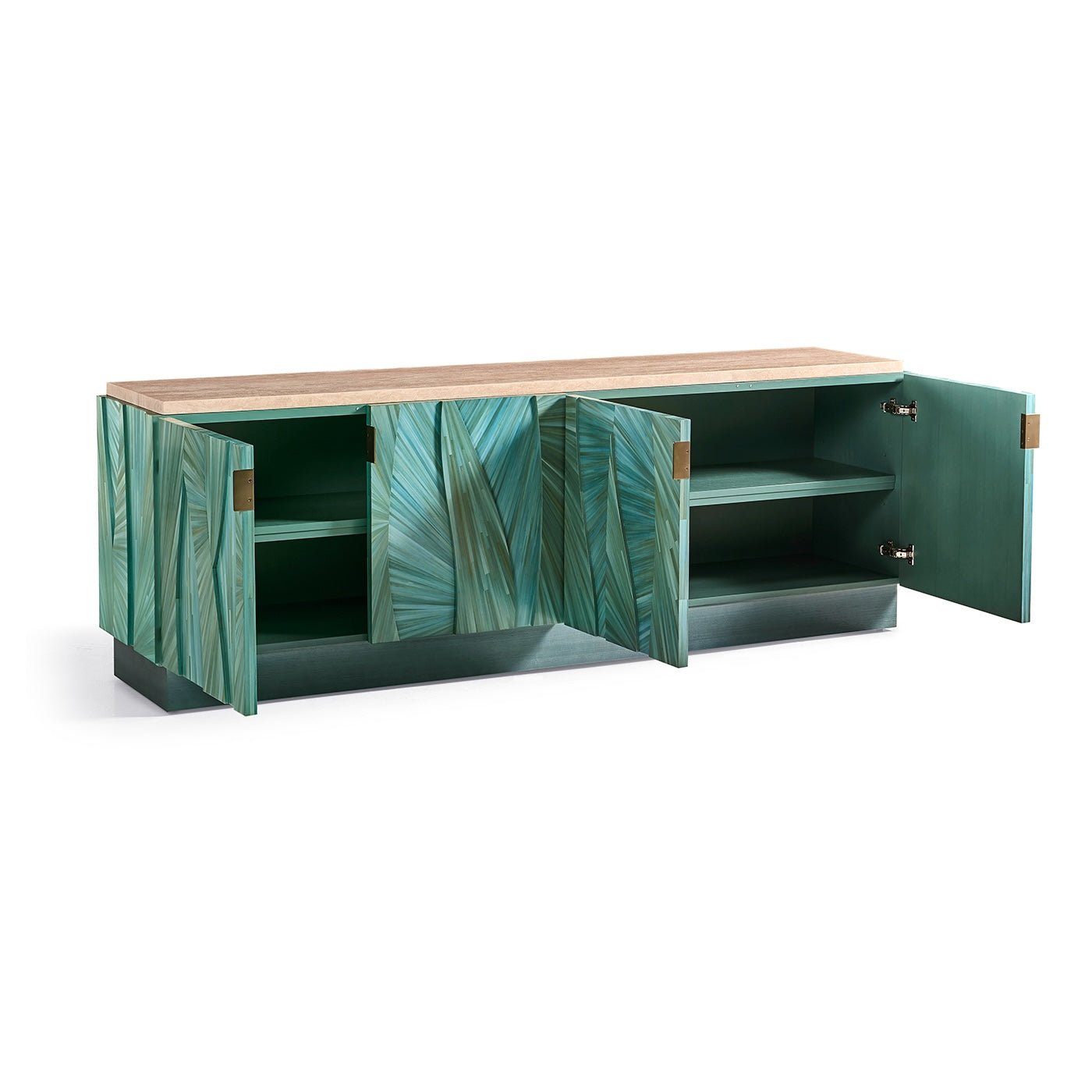 Open cabinets displaying interior of Aqua Mist console.