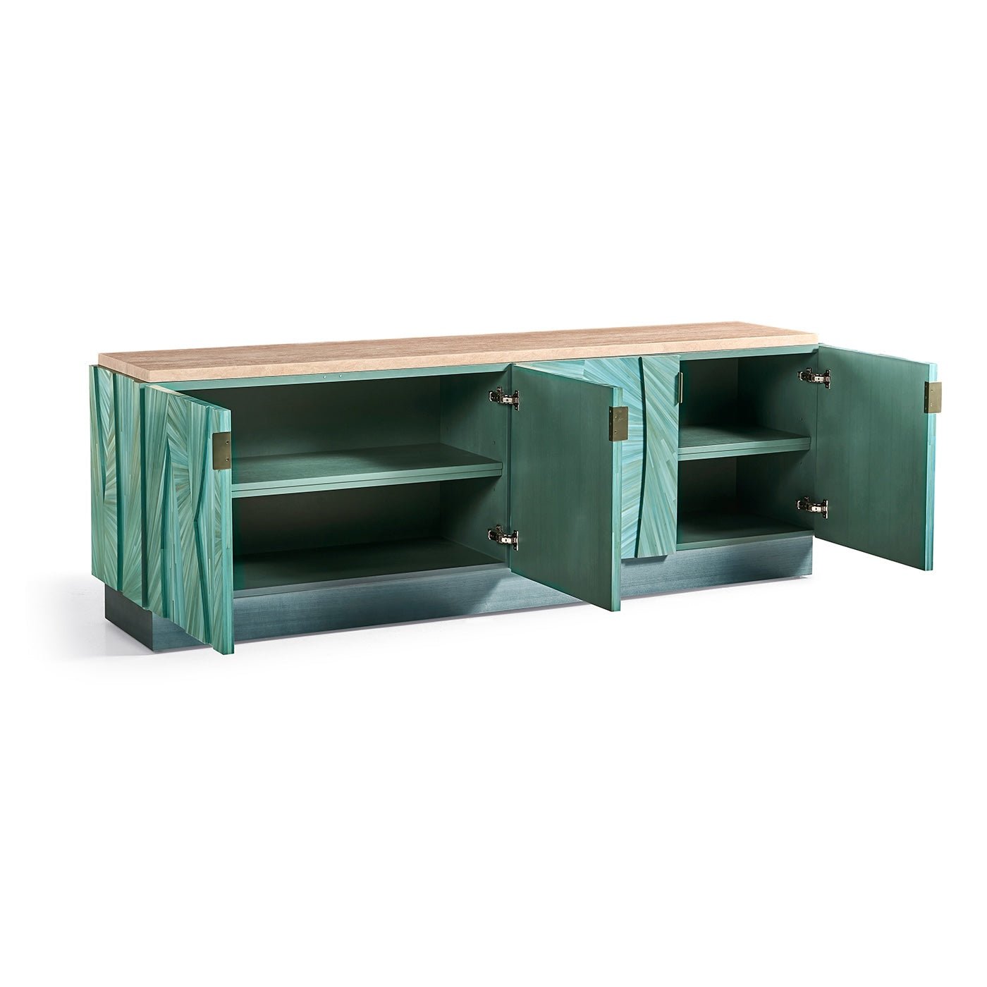 Aqua Mist console with open cabinets, view inside.