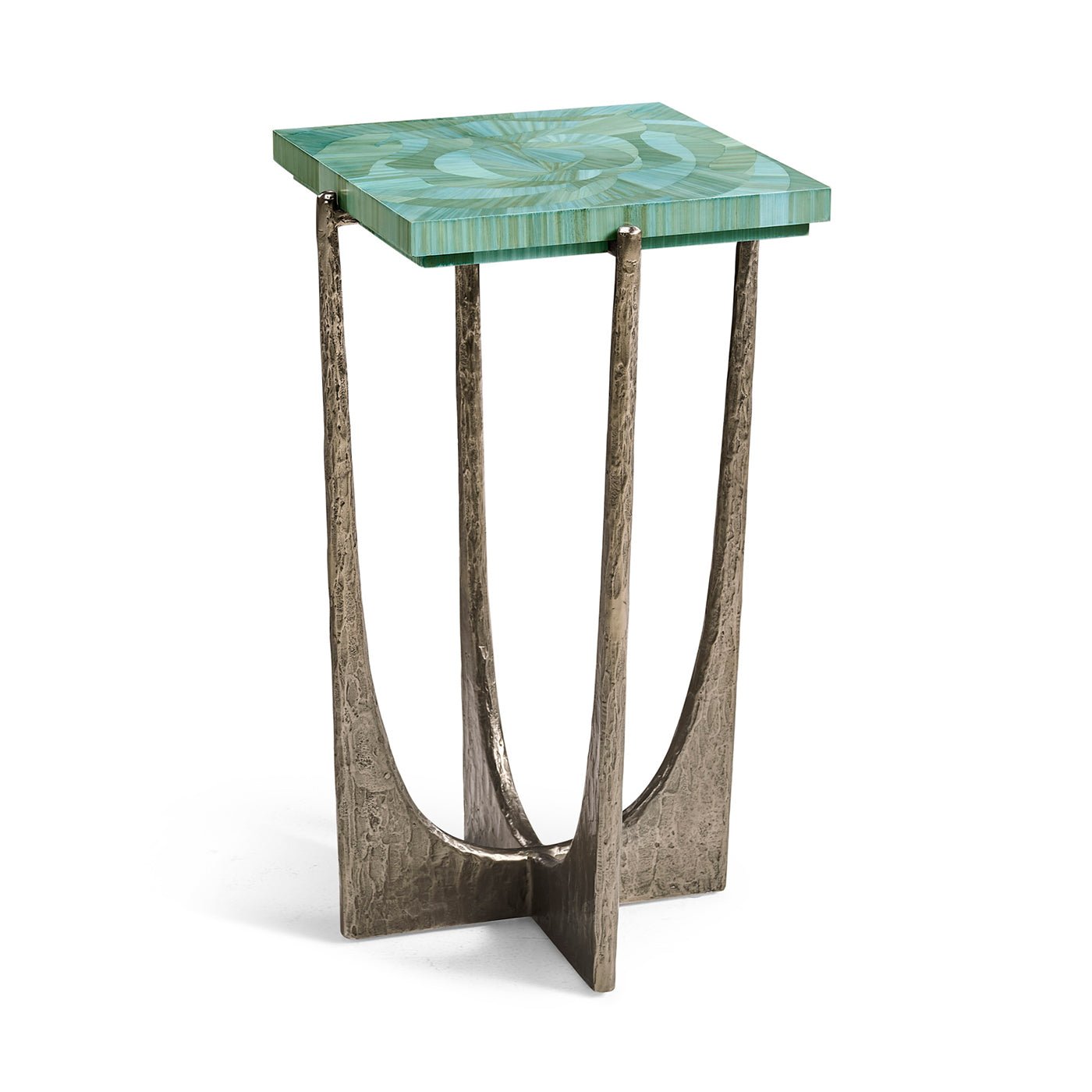 Side view of square accent table with green top.