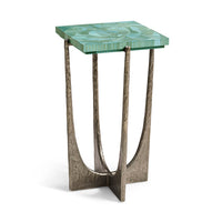 Side view of square accent table with green top.