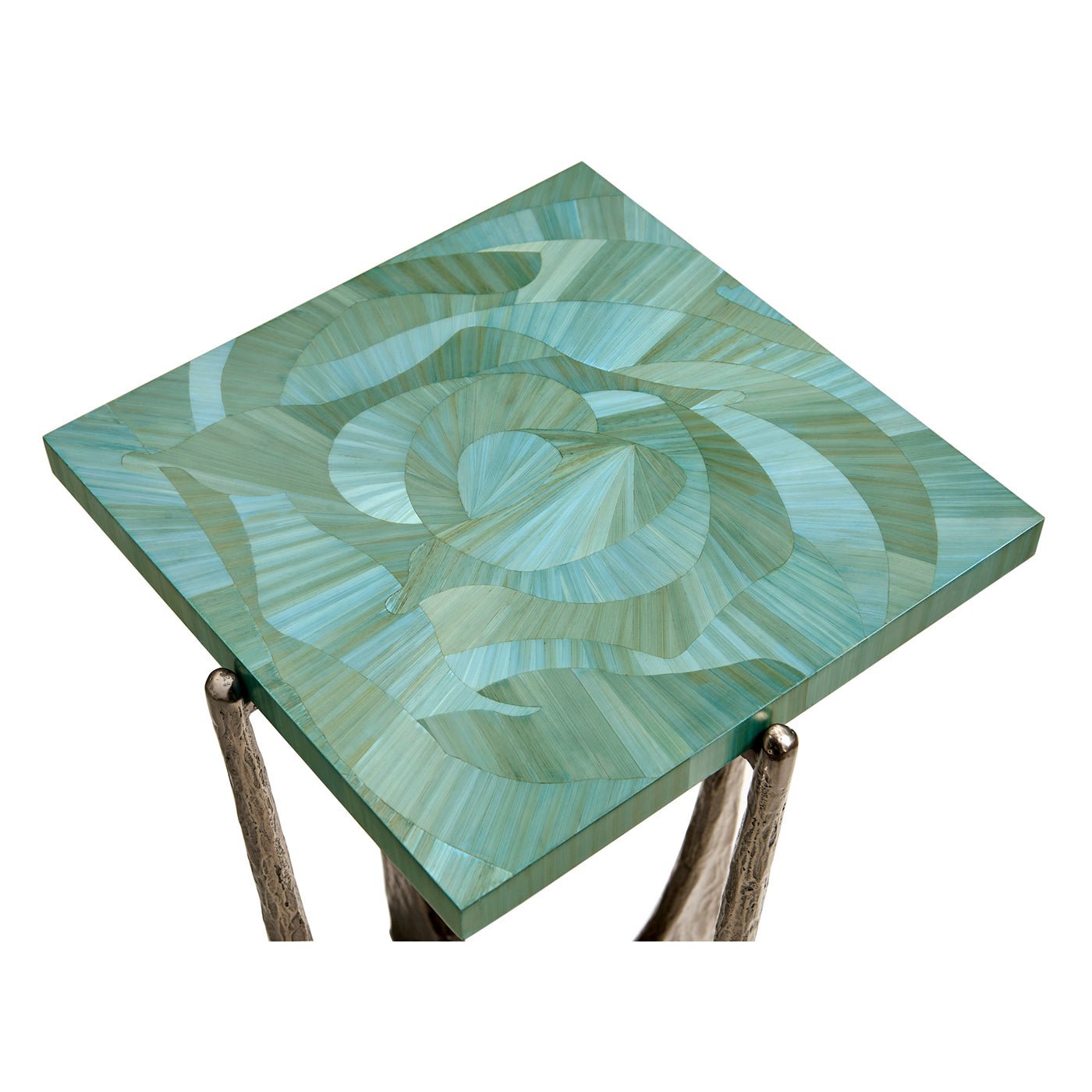 Angled top view of green square accent table.