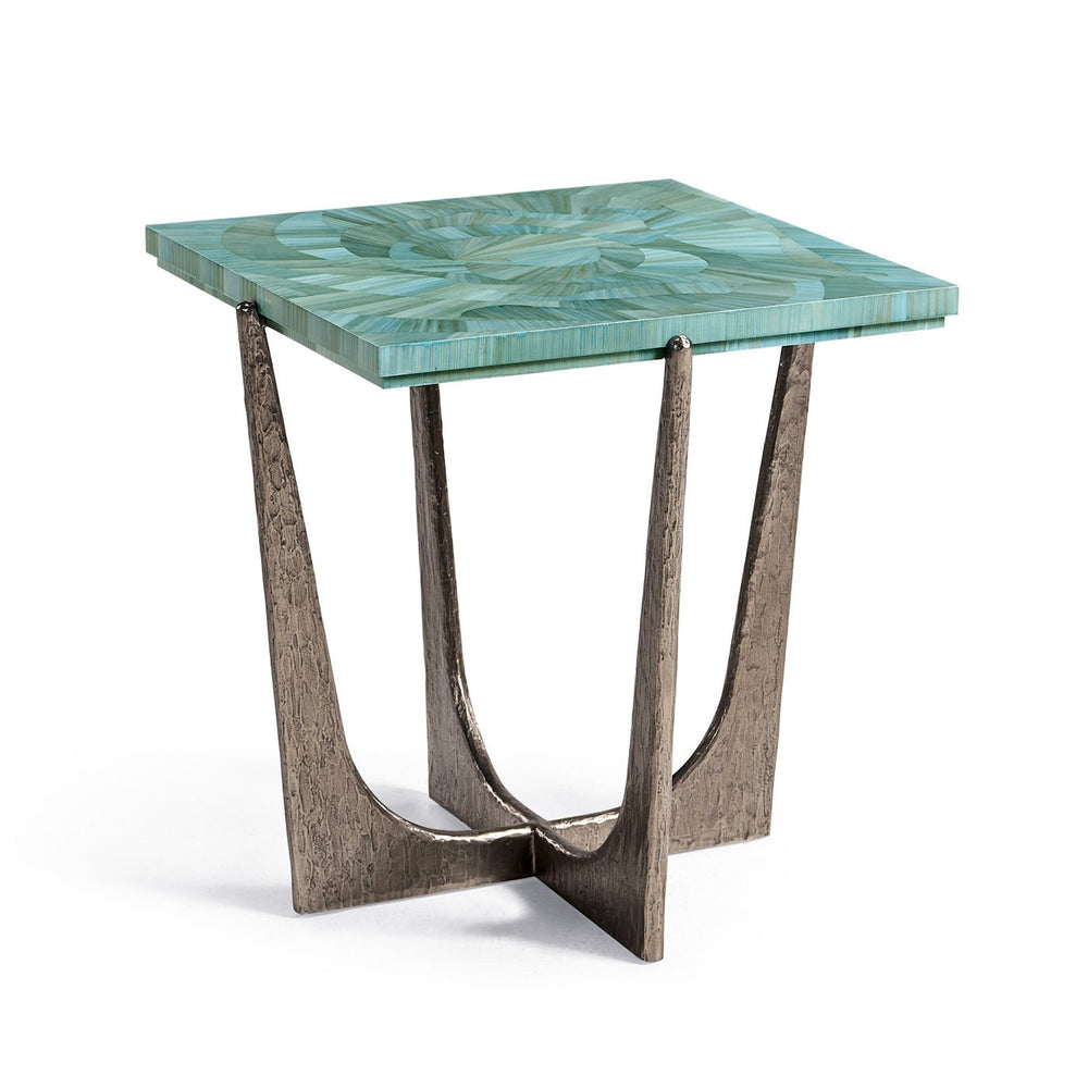 Modern square end table with green patterned top.