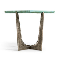 Side profile of table showing unique metallic legs.