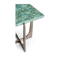 Edge view highlighting green table top and legs design.
