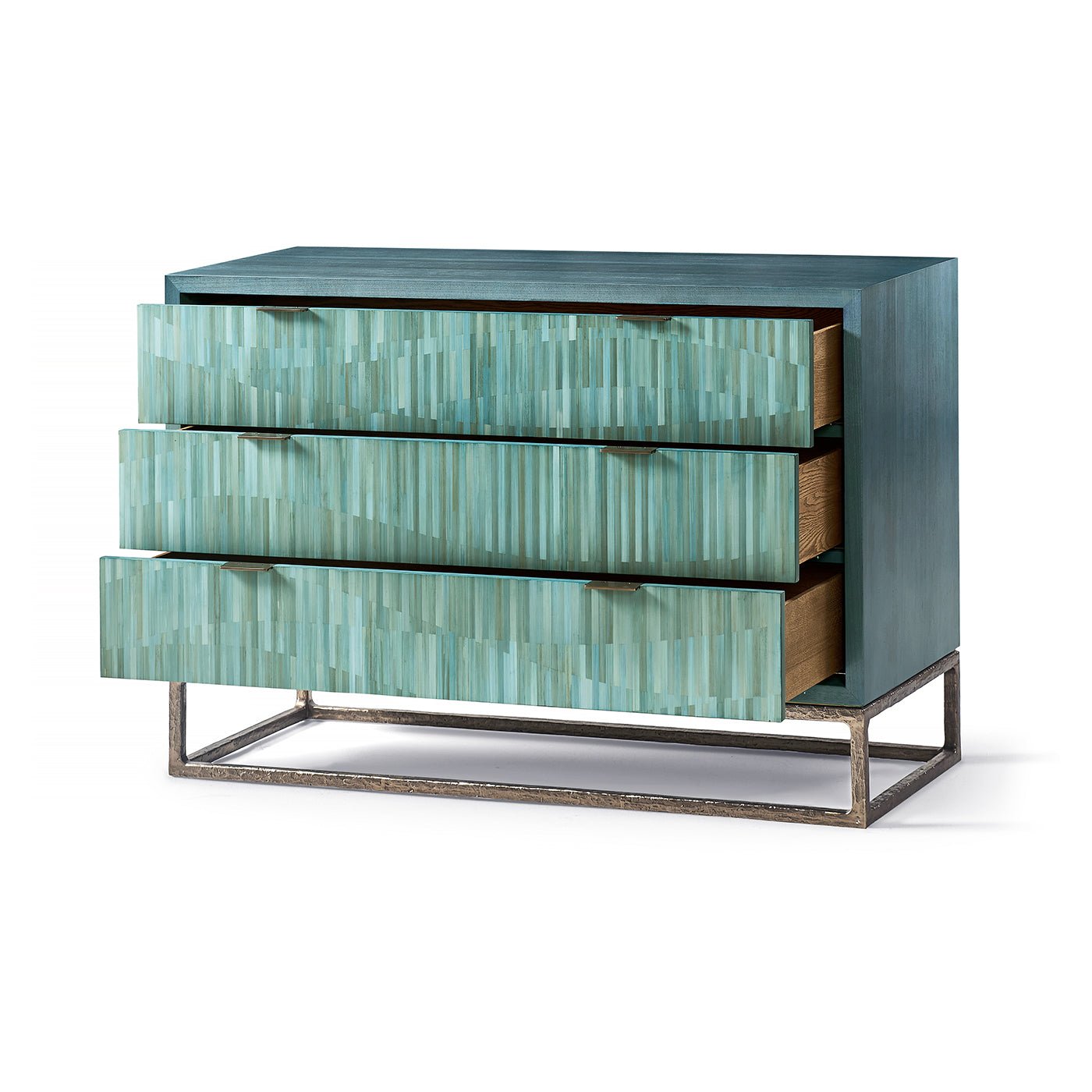 Aqua Mist chest with open drawers.