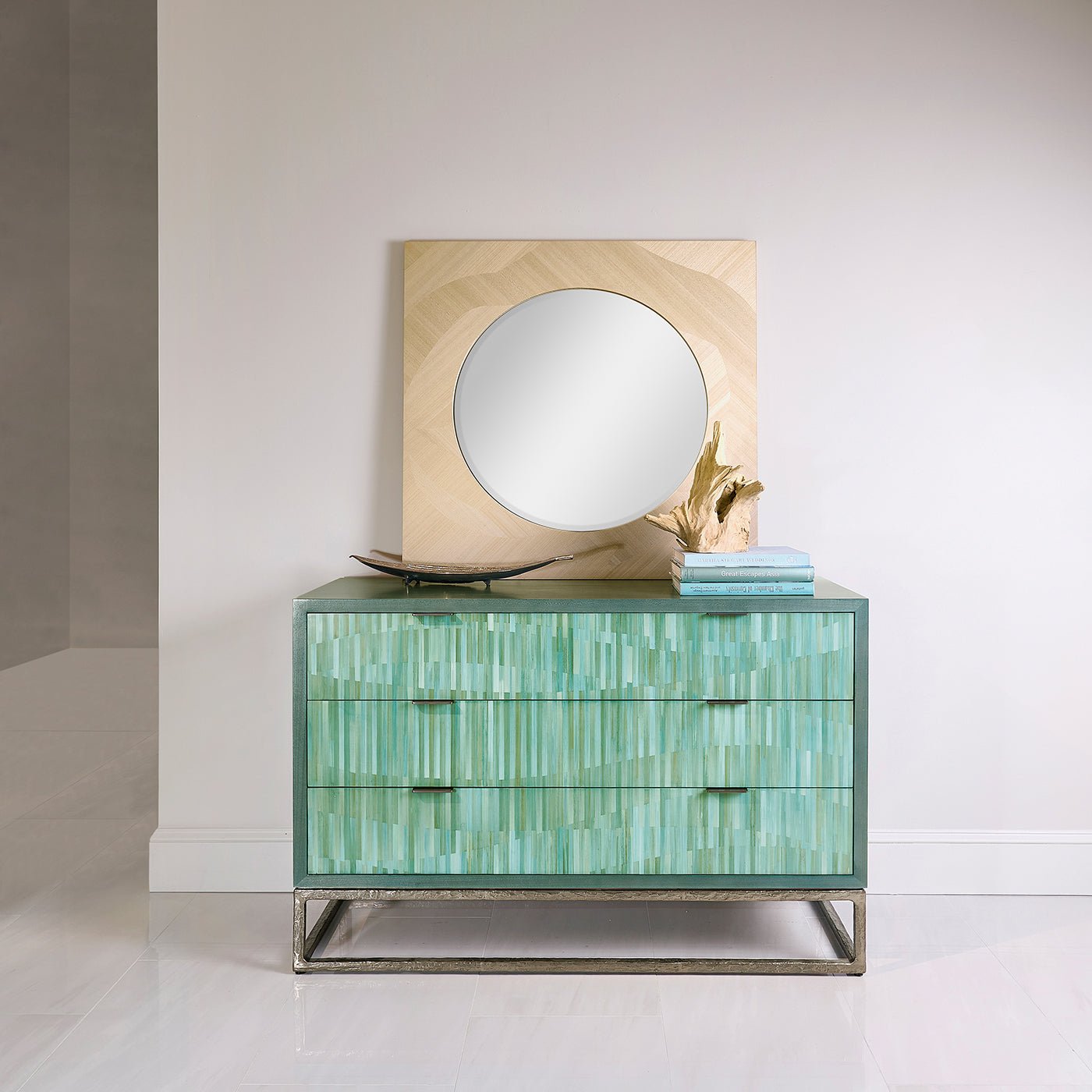 Aqua Mist chest styled with mirror on top.