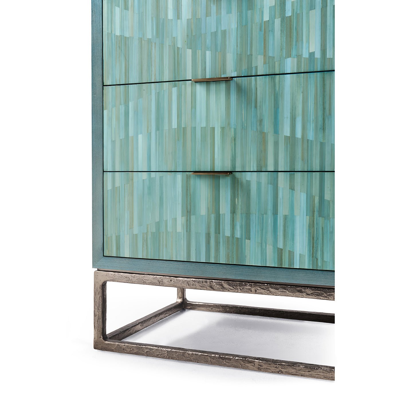 Corner and base view of Aqua Mist chest.