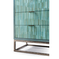 Corner and base view of Aqua Mist chest.