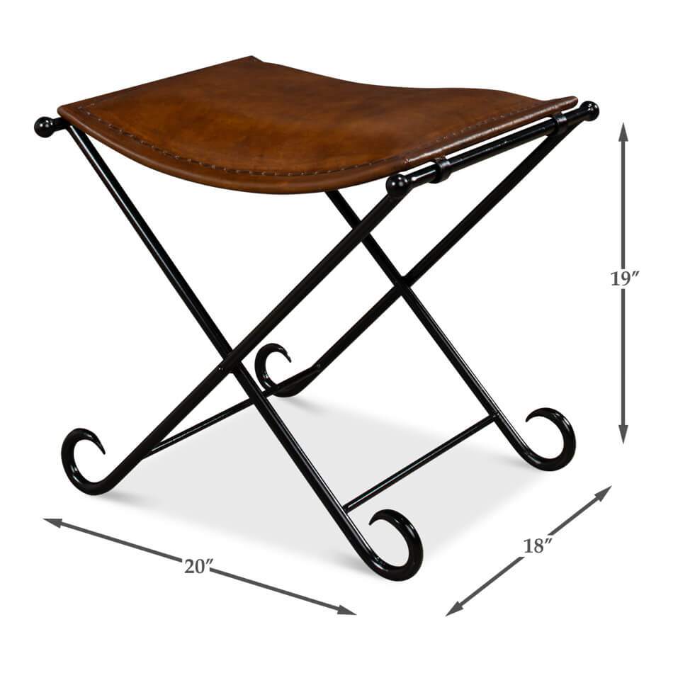 Dimensions of brown leather stool, showing height and width.