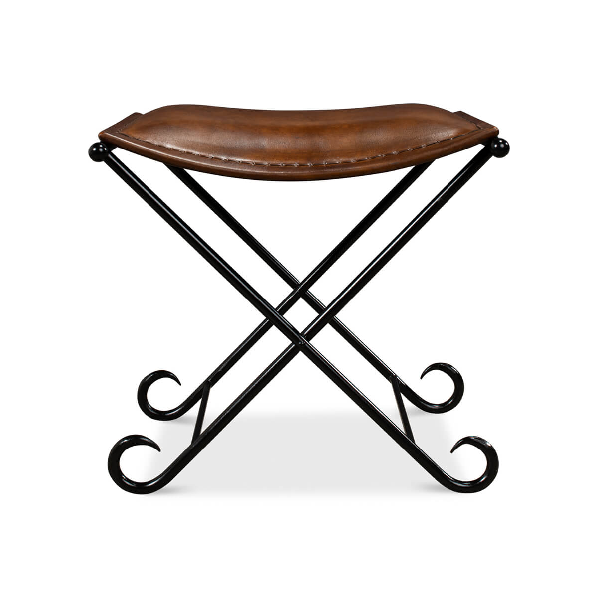 Side view of leather stool with curved legs.