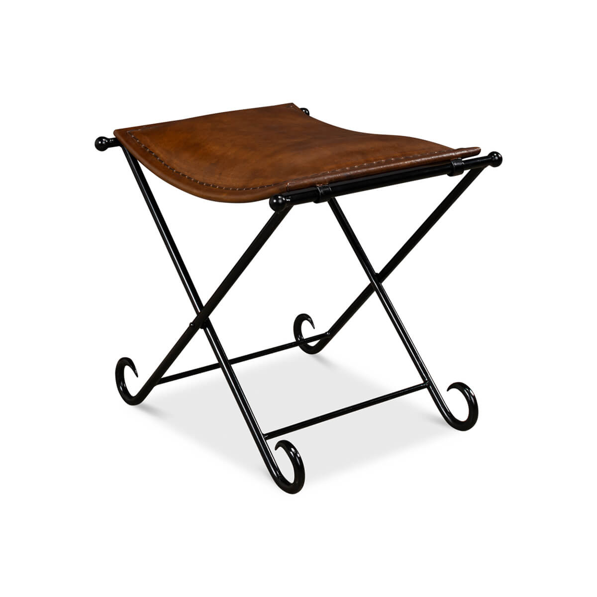 Brown leather stool with black metal frame, angled view.