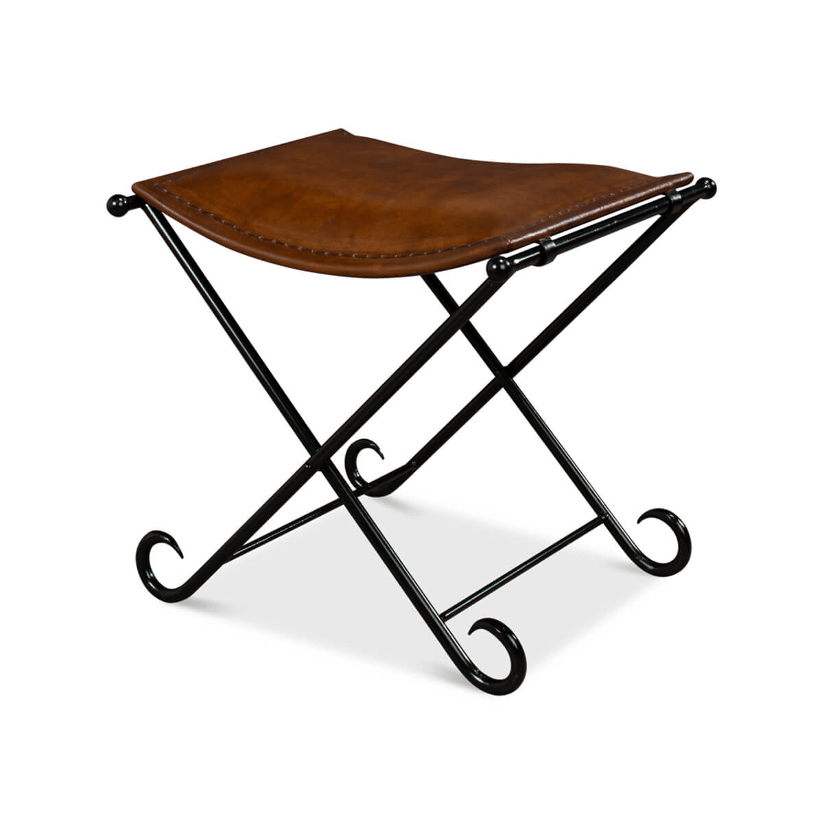 Leather stool, three-quarter view highlighting structure.