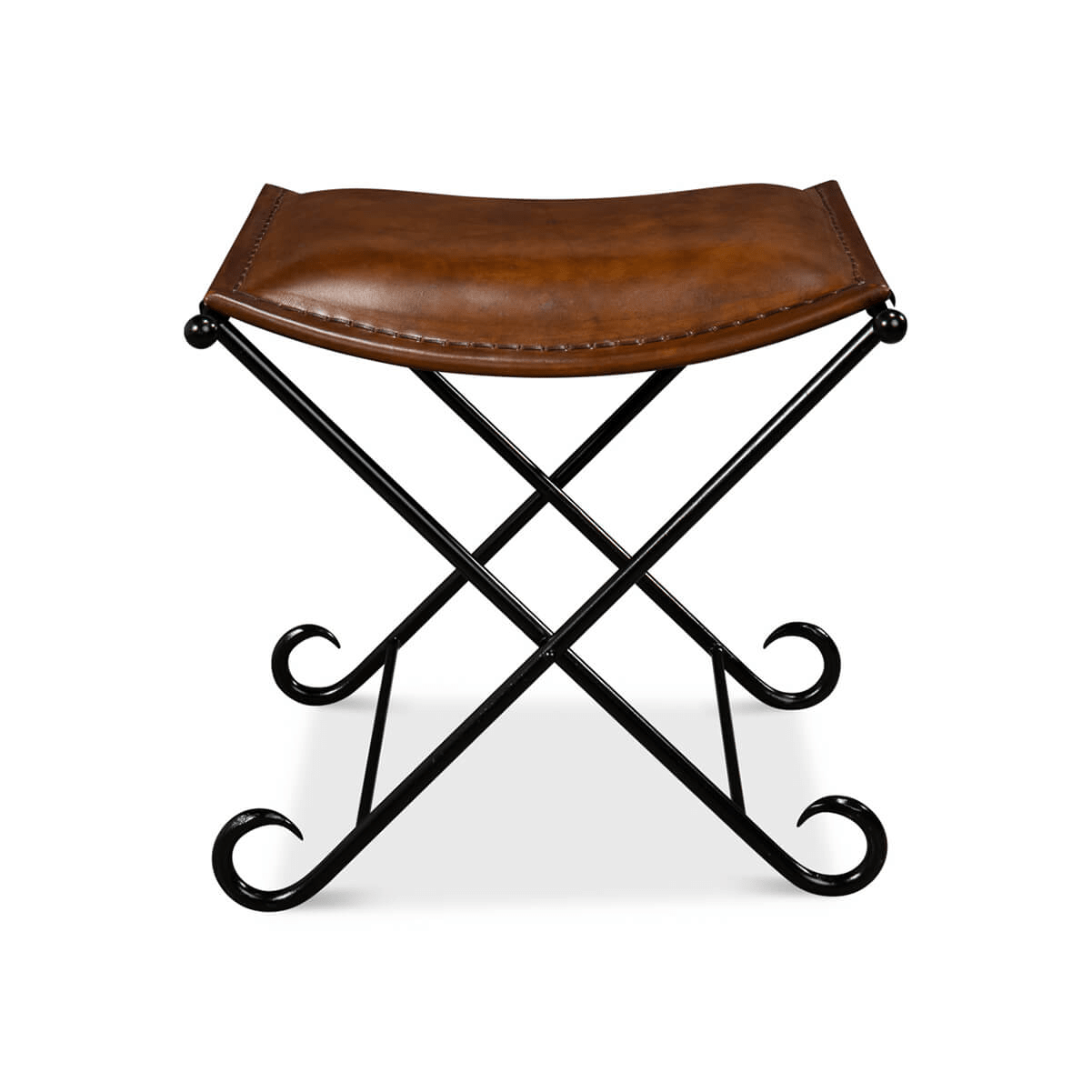 Front view of leather stool, crossed metal legs.
