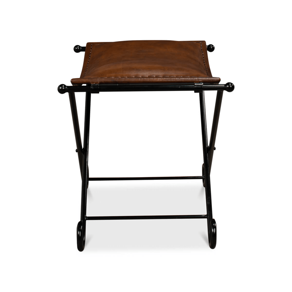 Rear view of leather stool with metal framework.