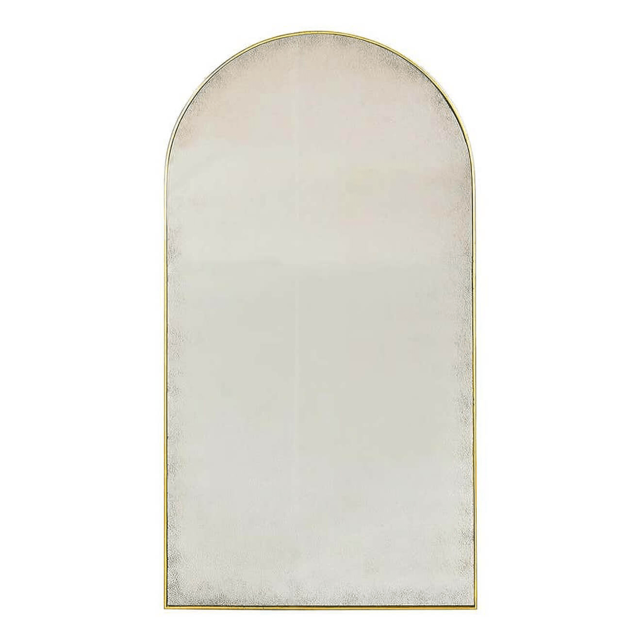 Arch top gilt mirror front view against white background.
