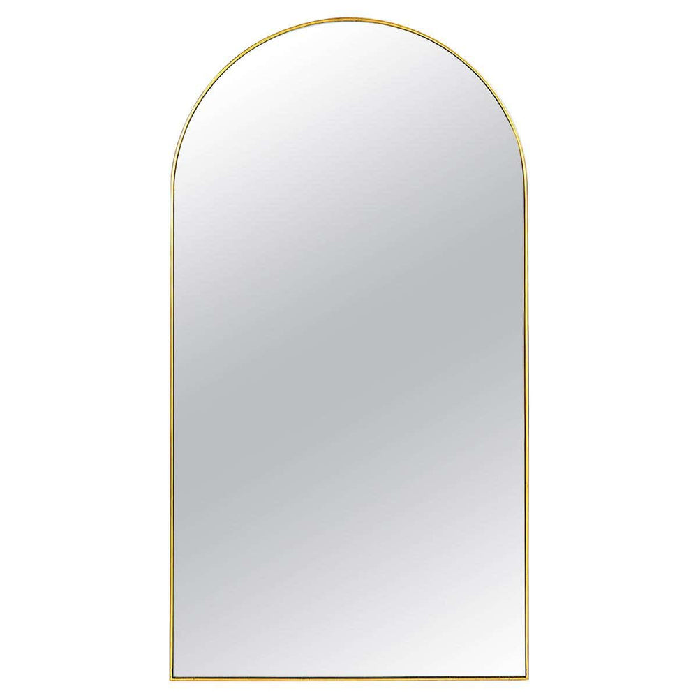 Arch top mirror with gold frame front view.