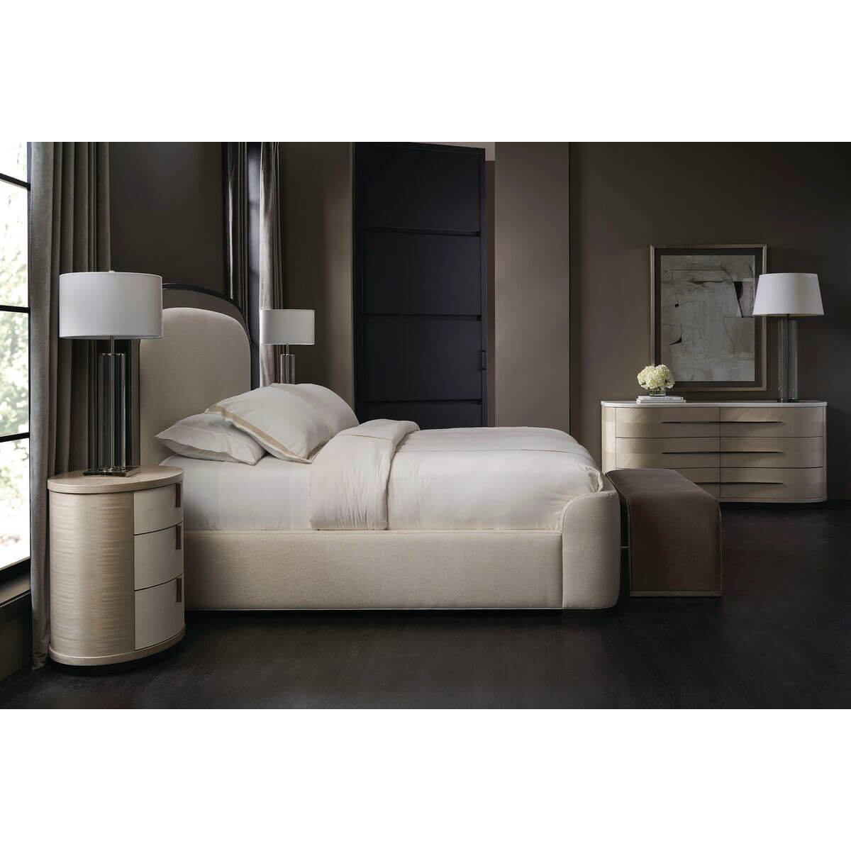 Bedroom setup with Arched Art Deco Queen Bed.