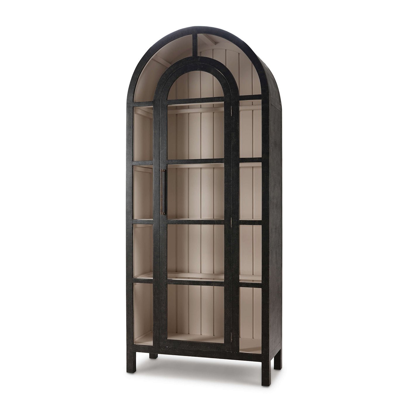 Arched display cabinet front, empty, black wood frame.