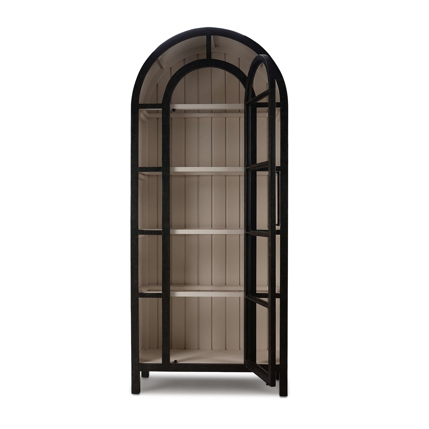 Arched display cabinet open door, empty shelves visible.