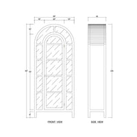 Arched display cabinet dimensions, front and side views sketch.
