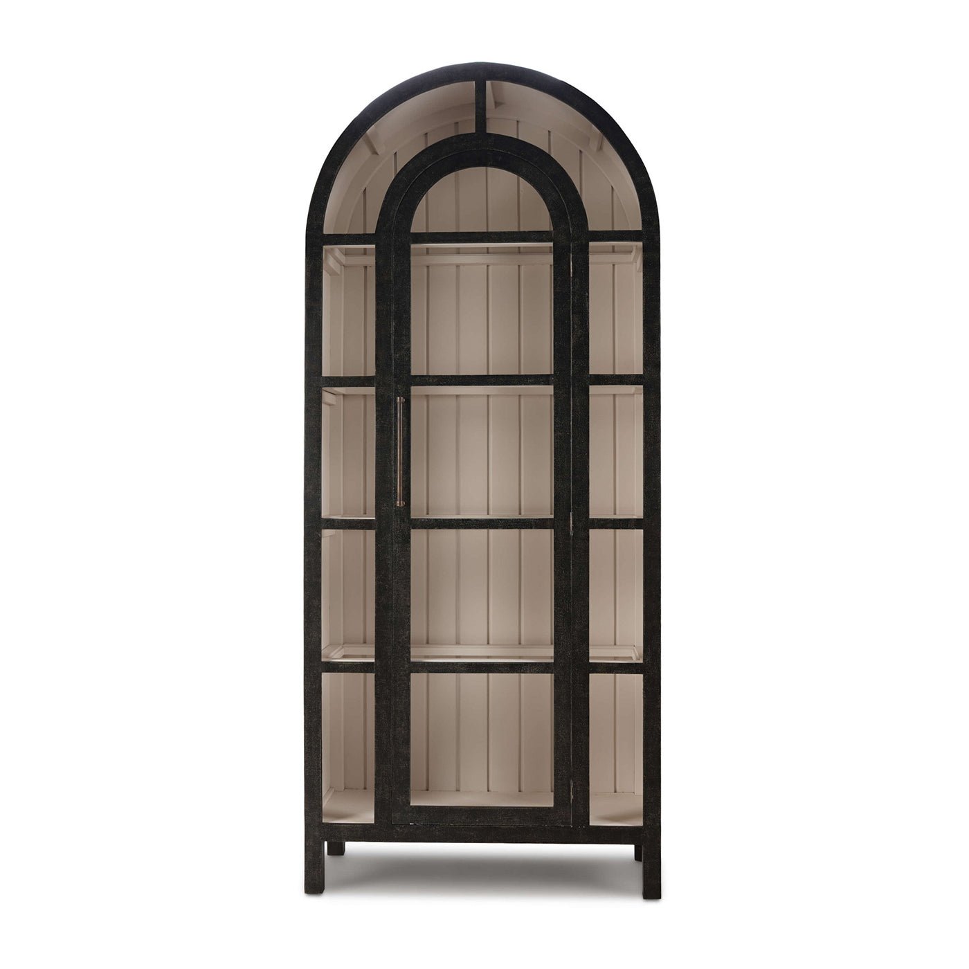Arched display cabinet front view, black and beige design.