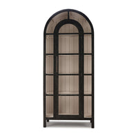 Arched display cabinet front view, black and beige design.