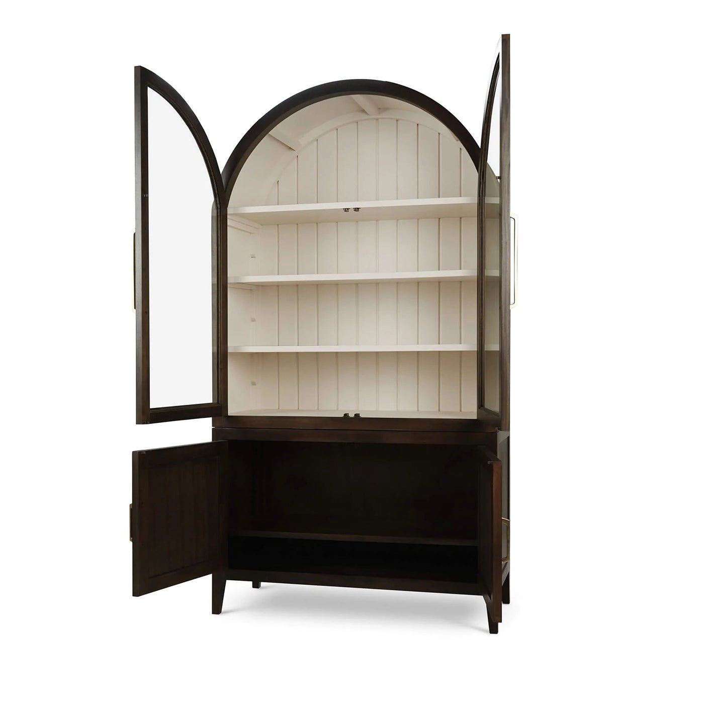 Arched top cabinet with open doors and shelves.