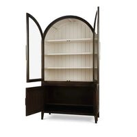 Arched top cabinet with open doors and shelves.