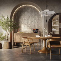 Styled dining room with arched top china cabinet.