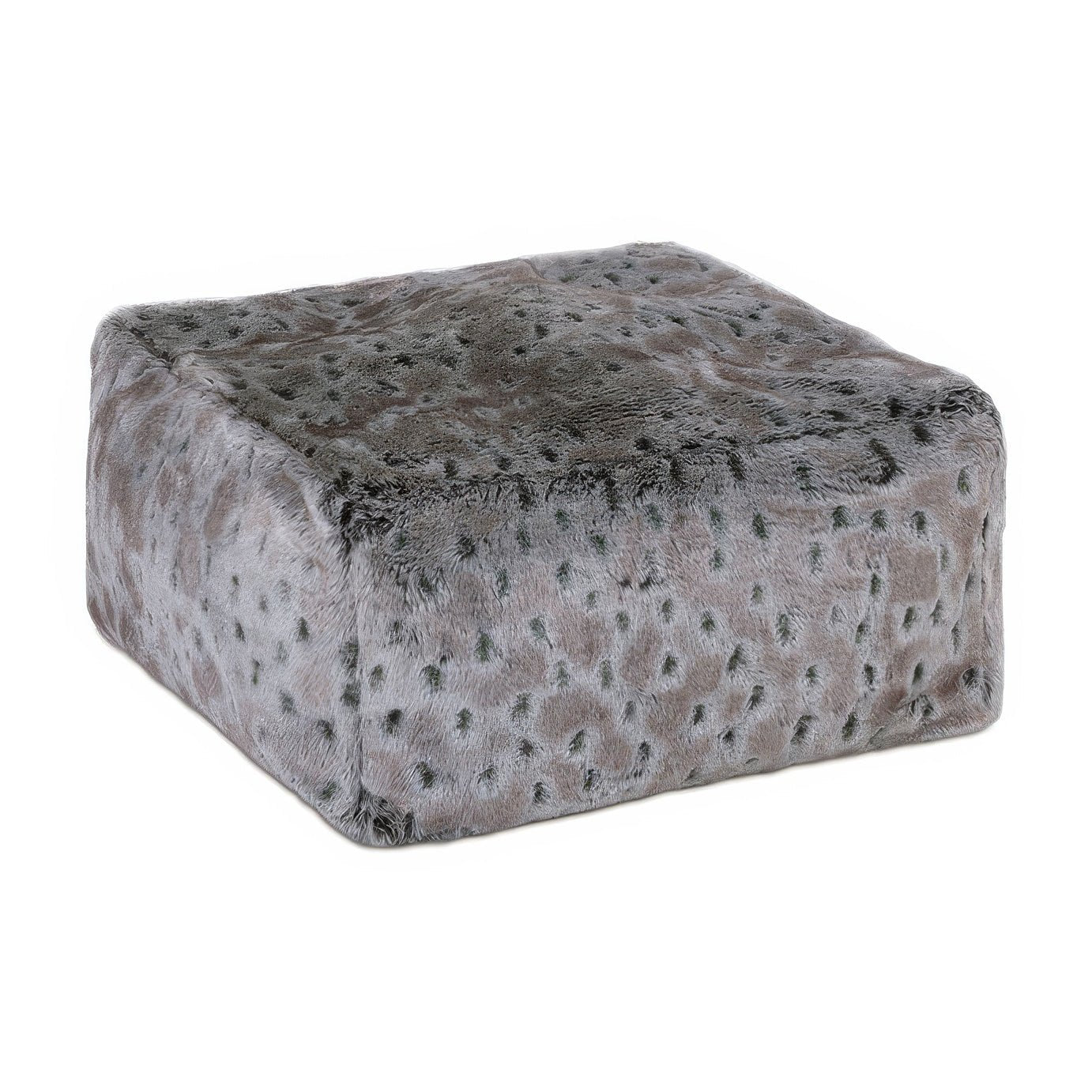 Gray faux fur pouf, Arctic Lynx design, angled view.