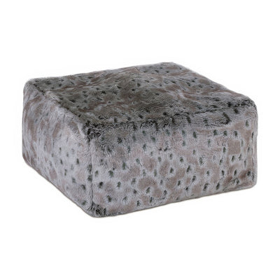 Gray faux fur pouf, Arctic Lynx design, angled view.