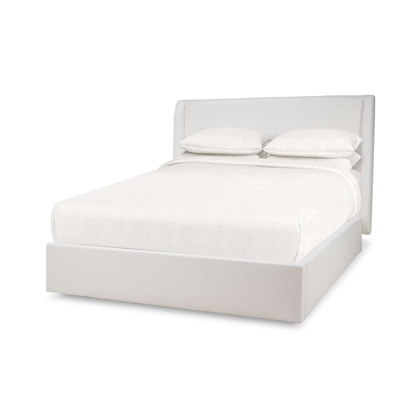 Arctic white upholstered queen bed front view.