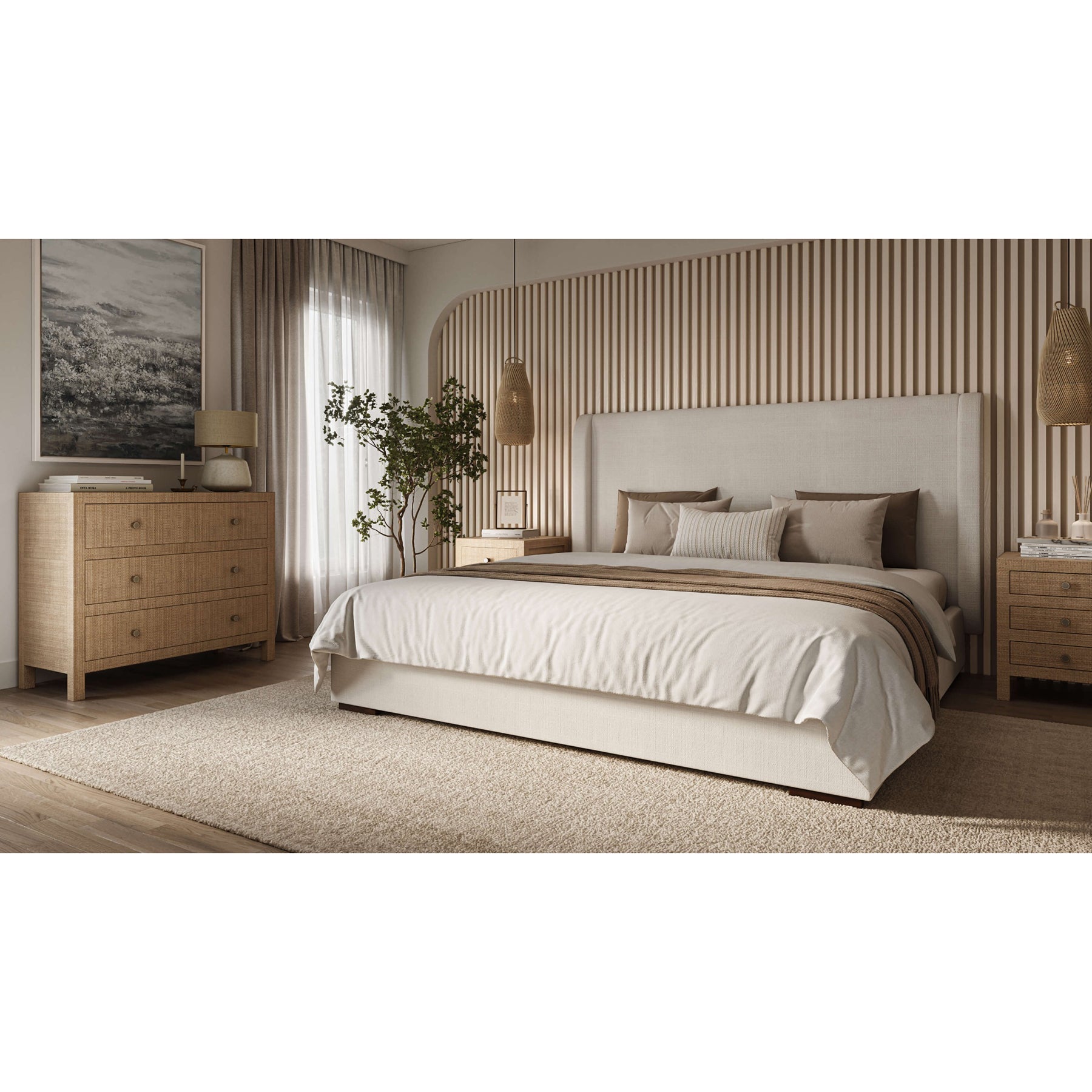 Cozy bedroom with Arctic white upholstered bed centerpiece.