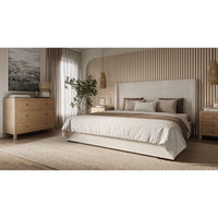 Cozy bedroom with Arctic white upholstered bed centerpiece.