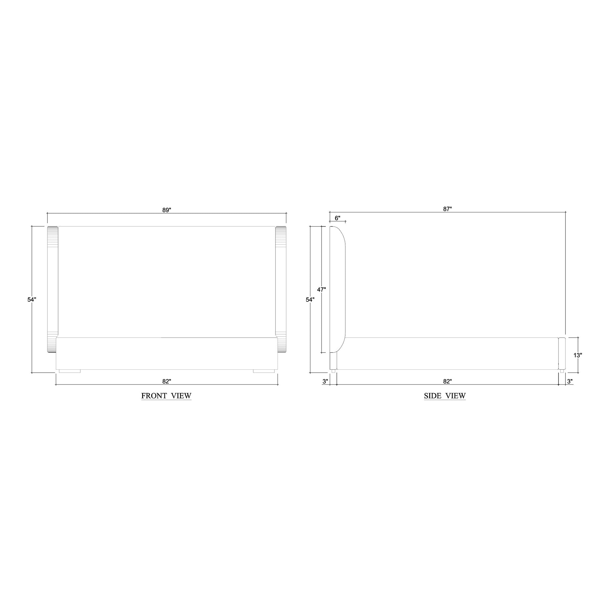Dimensions diagram of Arctic white upholstered queen bed.