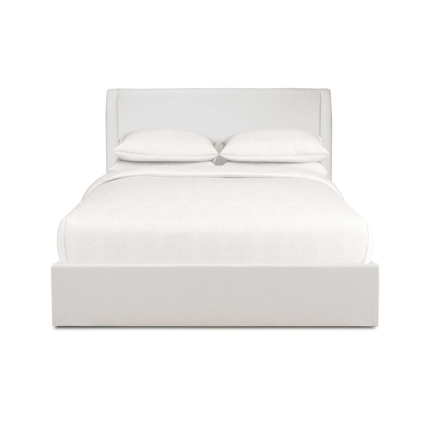 Arctic white upholstered queen bed head-on view.