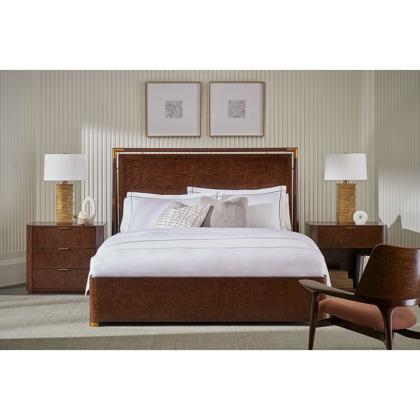 Bedroom setting with Art Deco nightstand beside bed.