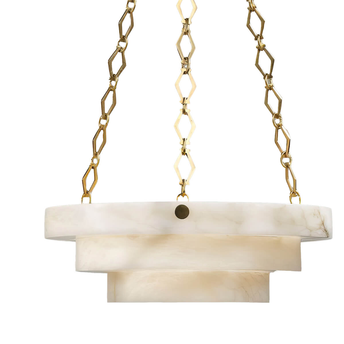 Side view of alabaster chandelier with brass finish.