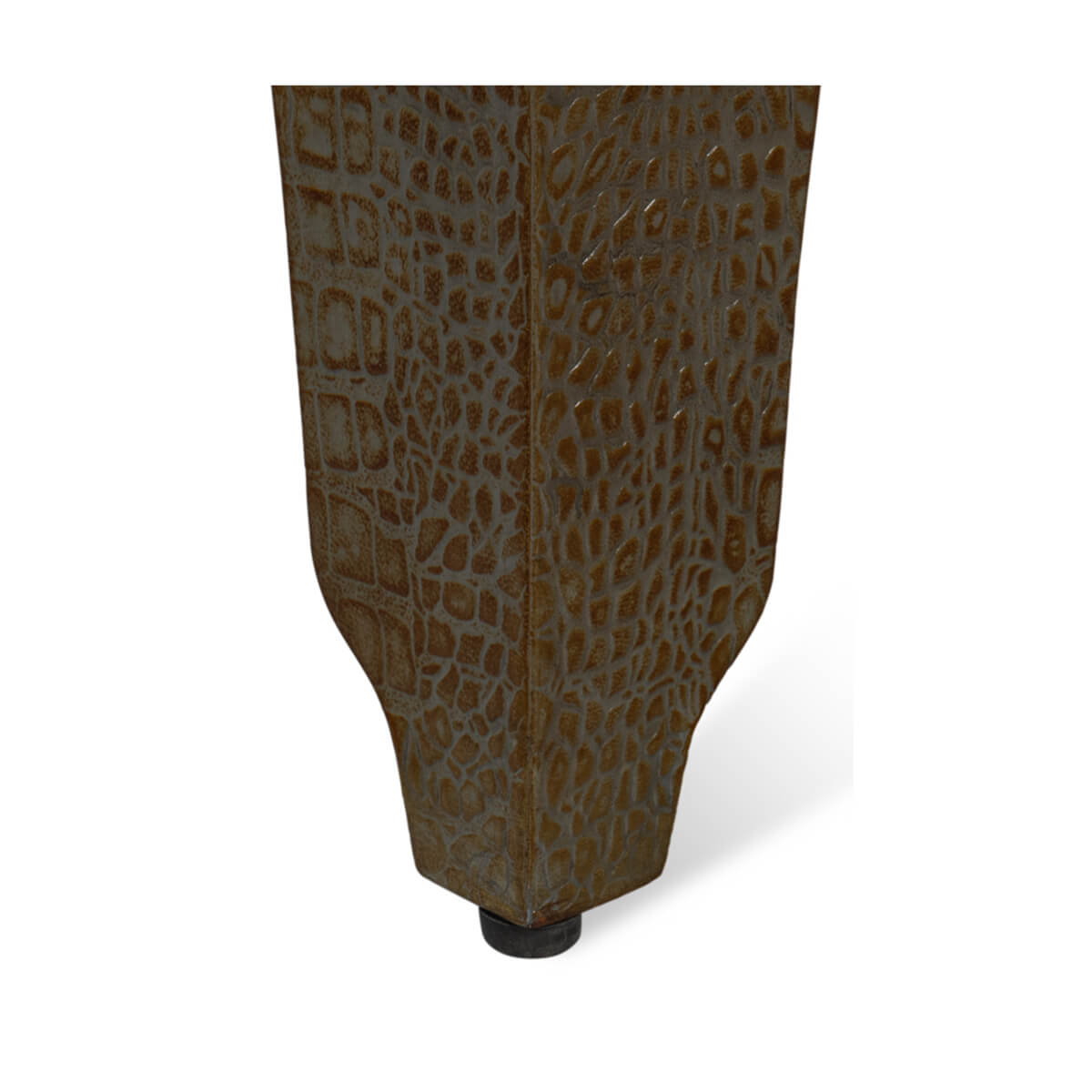 Corner leg detail of Art Deco antique green crocodile stool.