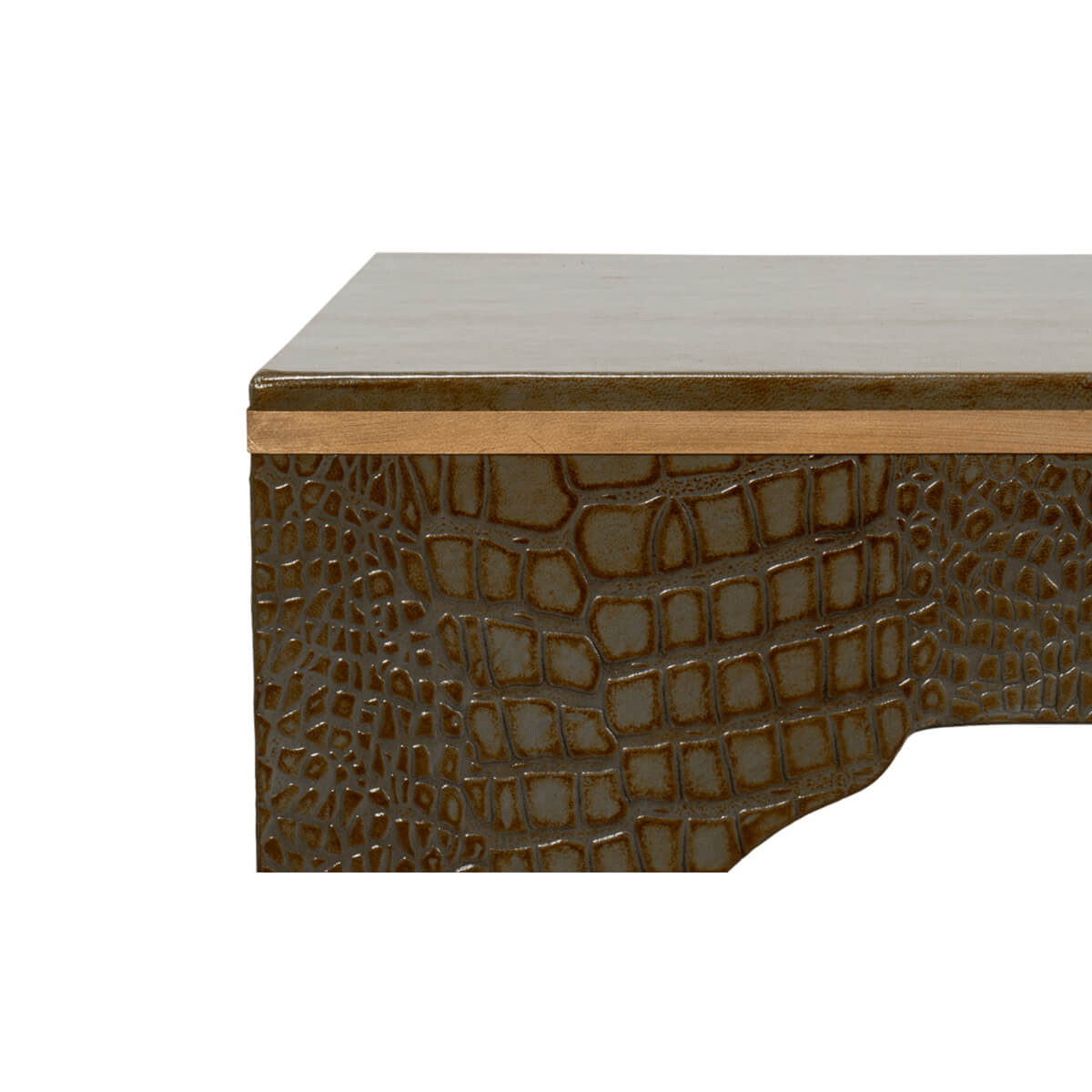 Side detail of Art Deco antique green crocodile stool.