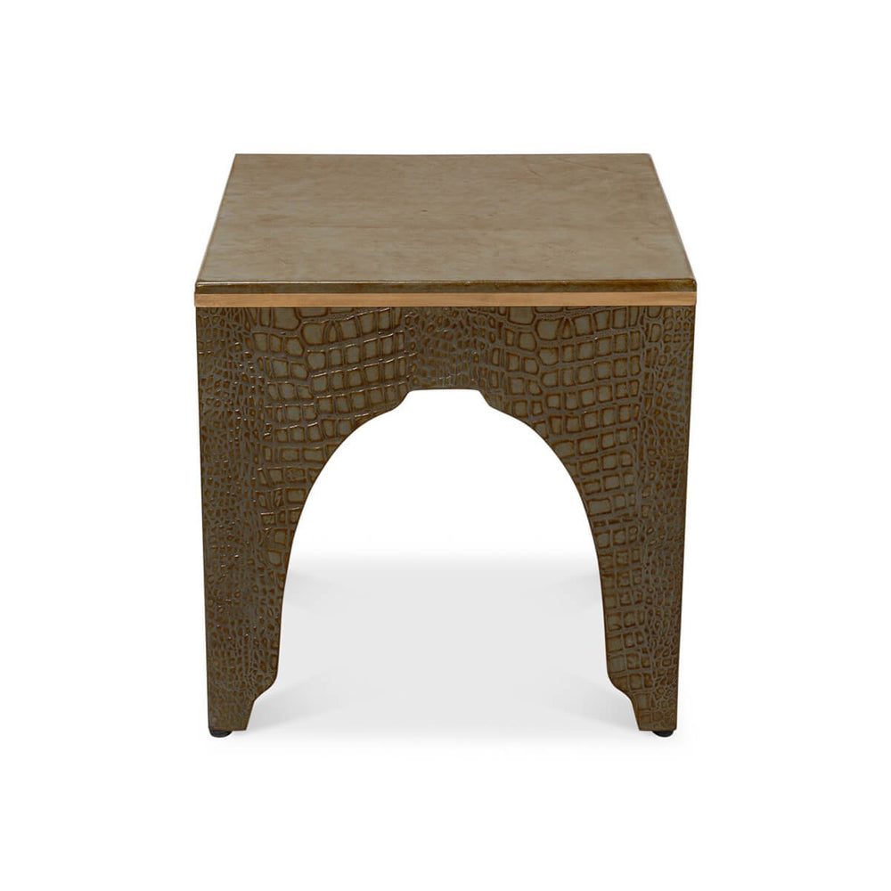 Front view of Art Deco antique green crocodile stool.